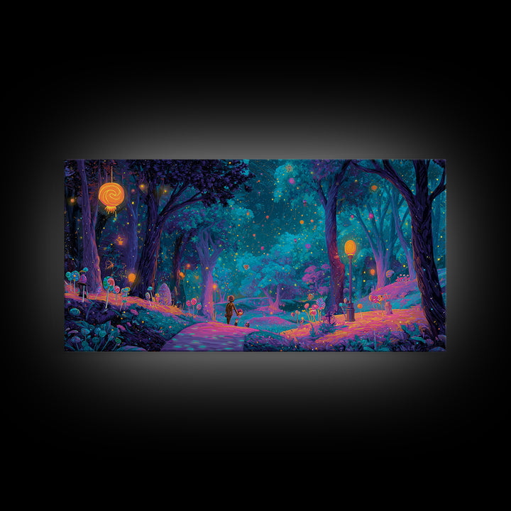 The Firefly Lantern Forest, Vaporwave Halloween Decor, Wide Panoramic Art, Framed Canvas Print, Retro Halloween Decor, Neon Wall Art