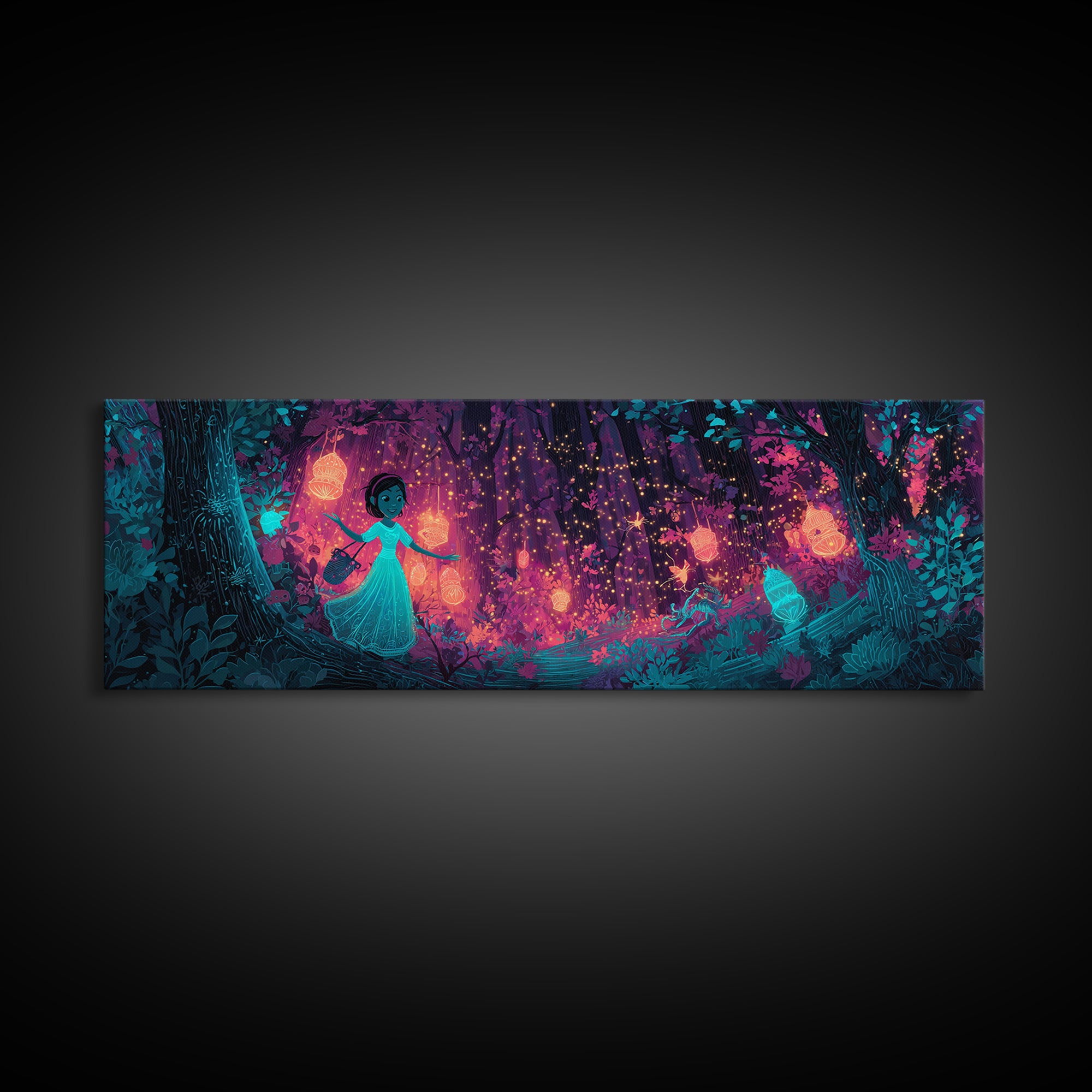 The Firefly Lantern Forest, Vaporwave Halloween Decor, Extra Wide Wall Art, Framed Canvas Print, Retro Halloween Decor, Neon Wall Art