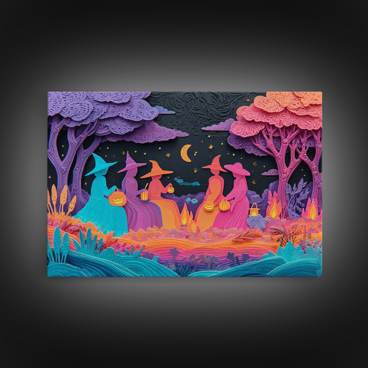 The Smiling Moon Meadow, Retro Neon Halloween Art, Landscape Wall Art, Framed Canvas Print, Retro Halloween Decor, Neon Wall Art