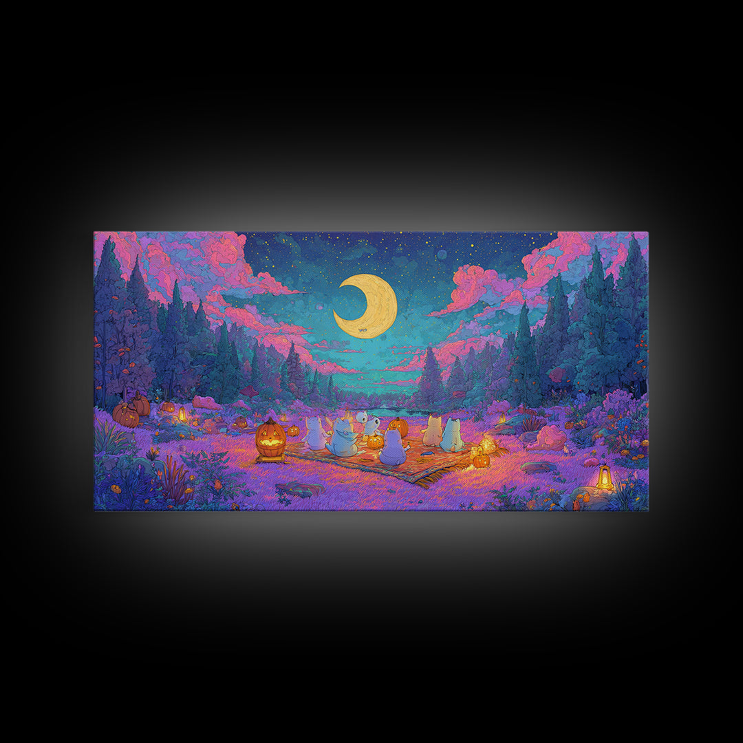 The Smiling Moon Meadow, Vaporwave Halloween Decor, Wide Panoramic Art, Canvas Print, Retro Halloween Decor, Neon Wall Art