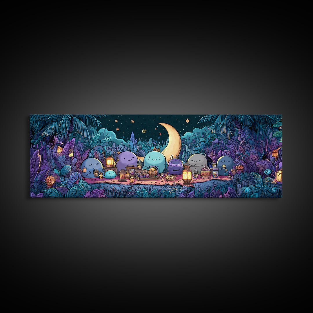 The Smiling Moon Meadow, Synthwave Halloween Art, Extra Wide Wall Art, Framed Canvas Print, Retro Halloween Decor, Neon Wall Art