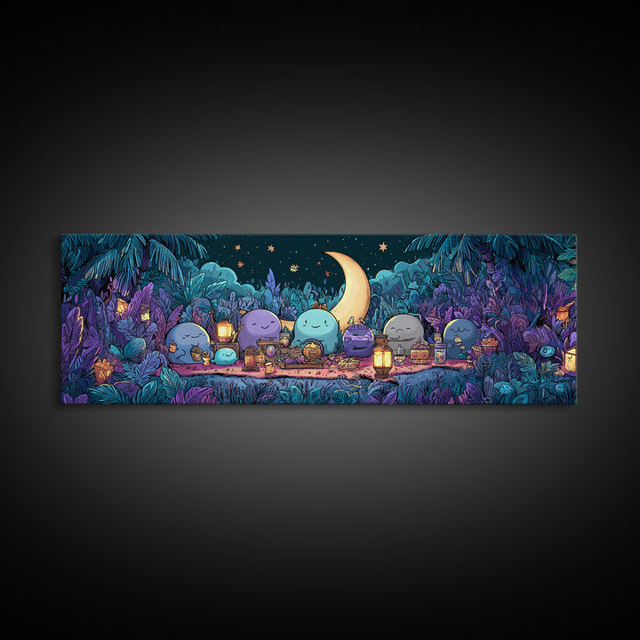 The Smiling Moon Meadow, Synthwave Halloween Art, Extra Wide Wall Art, Framed Canvas Print, Retro Halloween Decor, Neon Wall Art
