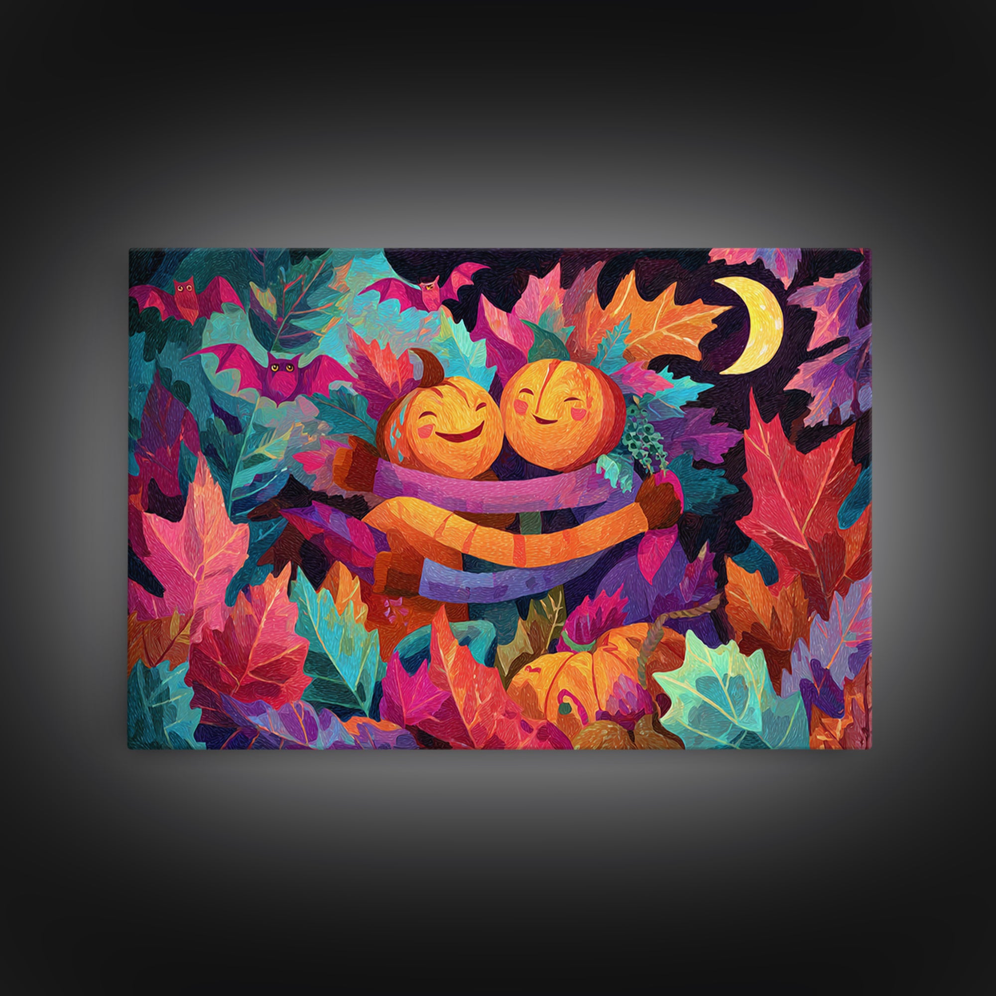 The Dancing Autumn Leaves, Synthwave Halloween Art, Landscape Wall Art, Canvas Print, Retro Halloween Decor, Neon Wall Art