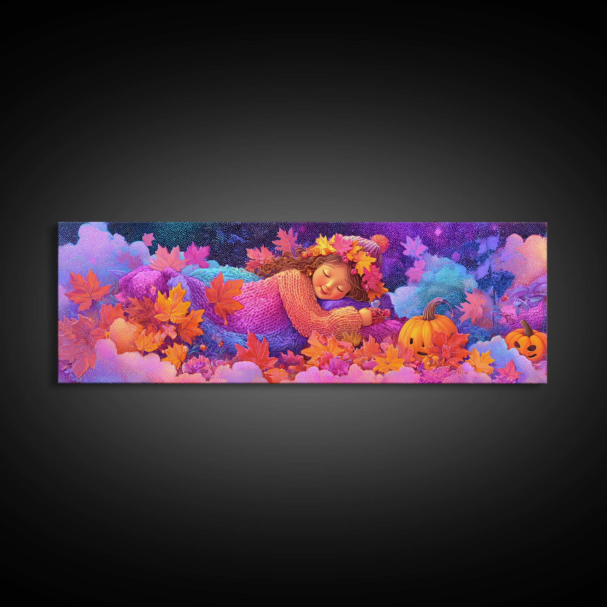 The Dancing Autumn Leaves, 80s Halloween Wall Art, Extra Wide Wall Art, Canvas Print, Retro Halloween Decor, Neon Wall Art