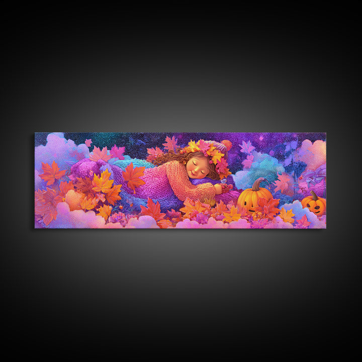 The Dancing Autumn Leaves, 80s Halloween Wall Art, Extra Wide Wall Art, Canvas Print, Retro Halloween Decor, Neon Wall Art