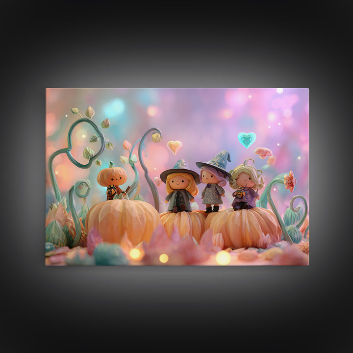 The Pumpkin Flower Garden, Cute Spooky Neon Art, Landscape Wall Art, Canvas Print, Retro Halloween Decor, Neon Wall Art, Horror Wall Art
