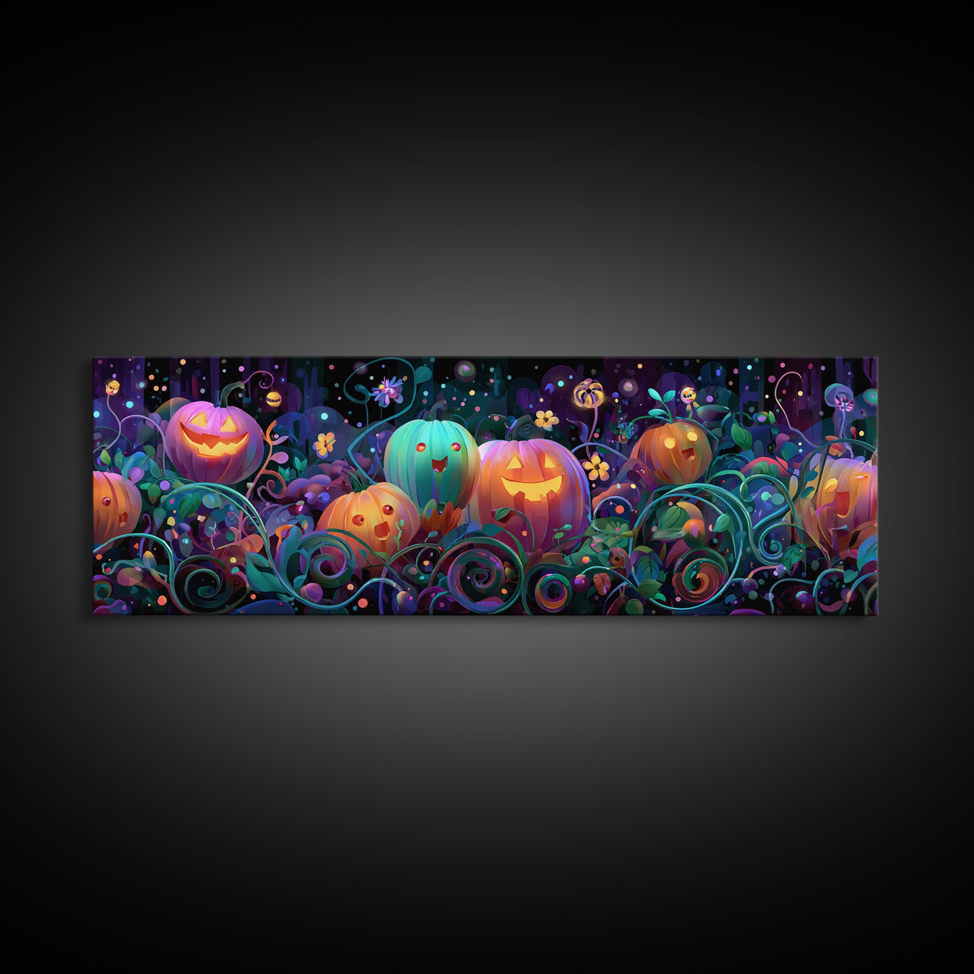 The Pumpkin Flower Garden, 80s Halloween Wall Art, Extra Wide Wall Art, Canvas Print, Retro Halloween Decor, Neon Wall Art