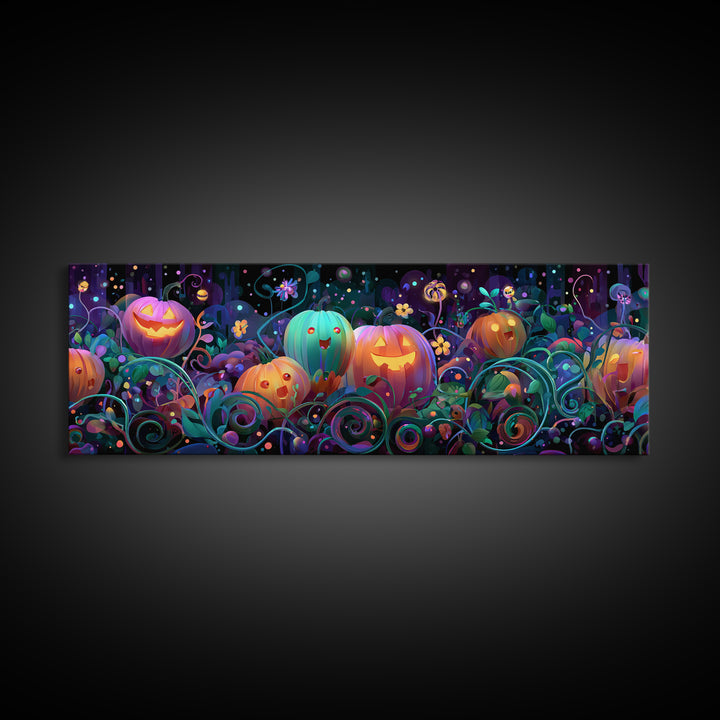 The Pumpkin Flower Garden, 80s Halloween Wall Art, Extra Wide Wall Art, Canvas Print, Retro Halloween Decor, Neon Wall Art