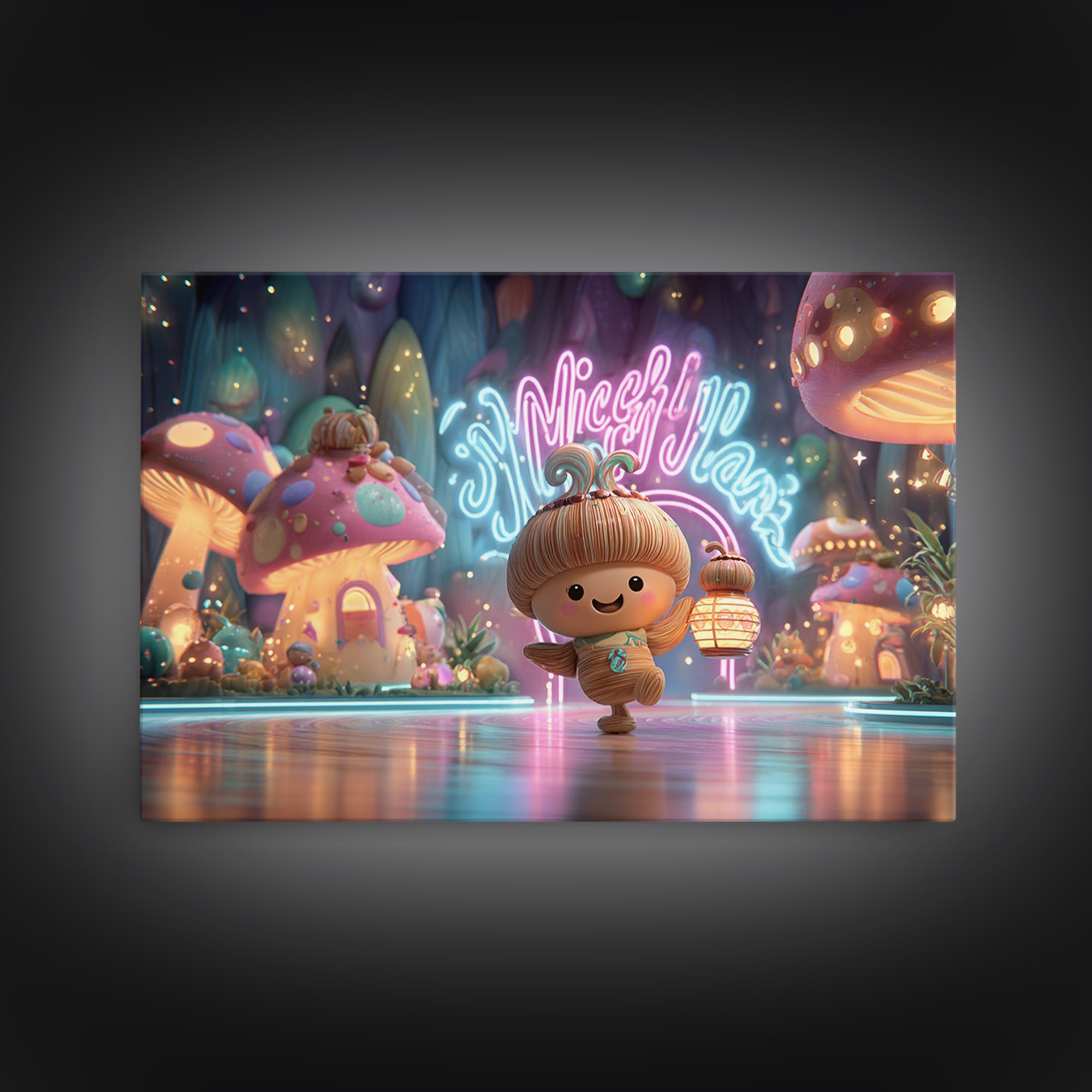 The Moonlit Acorn Village, Vaporwave Halloween Decor, Landscape Wall Art, Framed Canvas Print, Retro Halloween Decor, Neon Wall Art