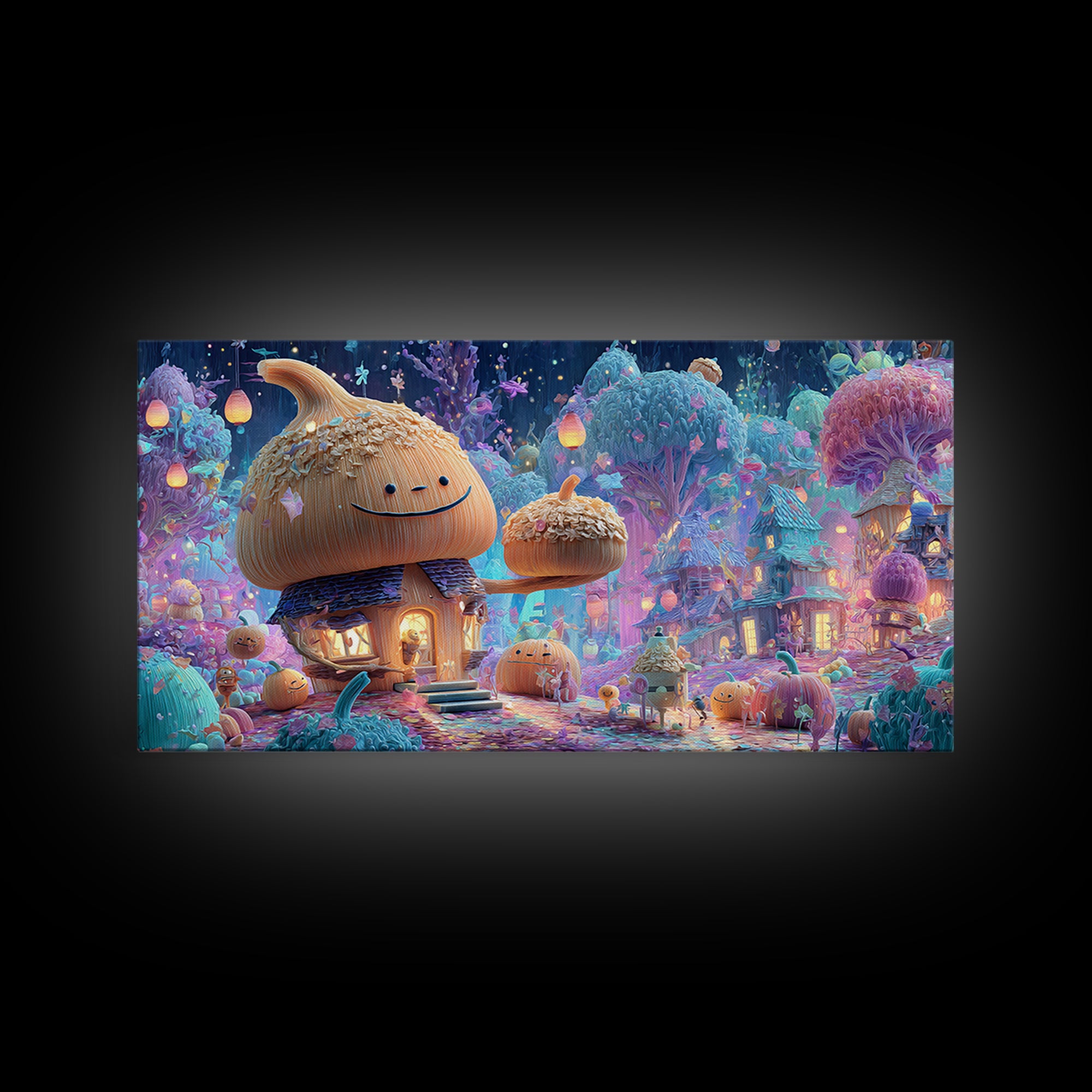 The Moonlit Acorn Village, Retro Neon Halloween Art, Wide Panoramic Art, Canvas Print, Retro Halloween Decor, Neon Wall Art