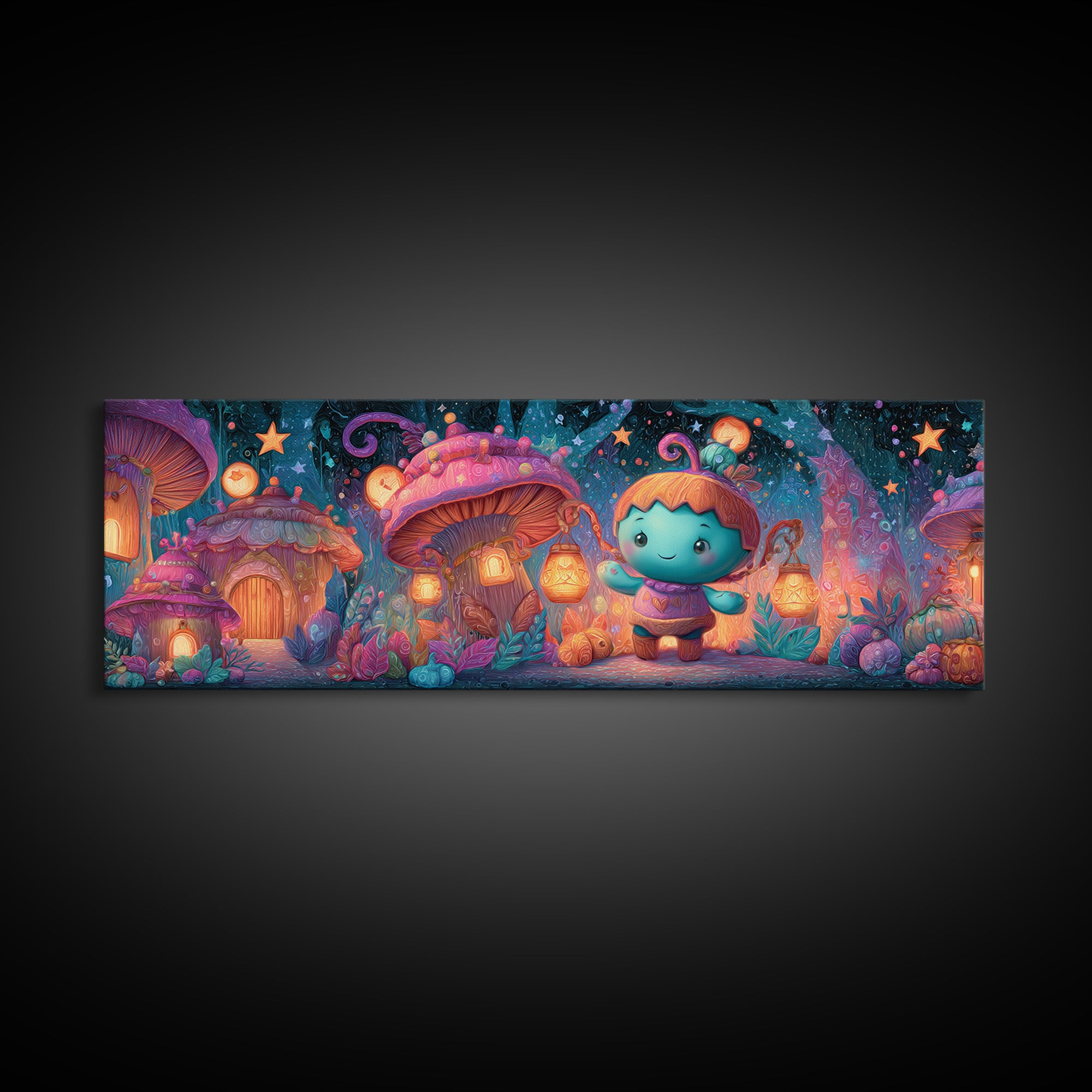 The Moonlit Acorn Village, 80s Halloween Wall Art, Extra Wide Wall Art, Canvas Print, Retro Halloween Decor, Neon Wall Art