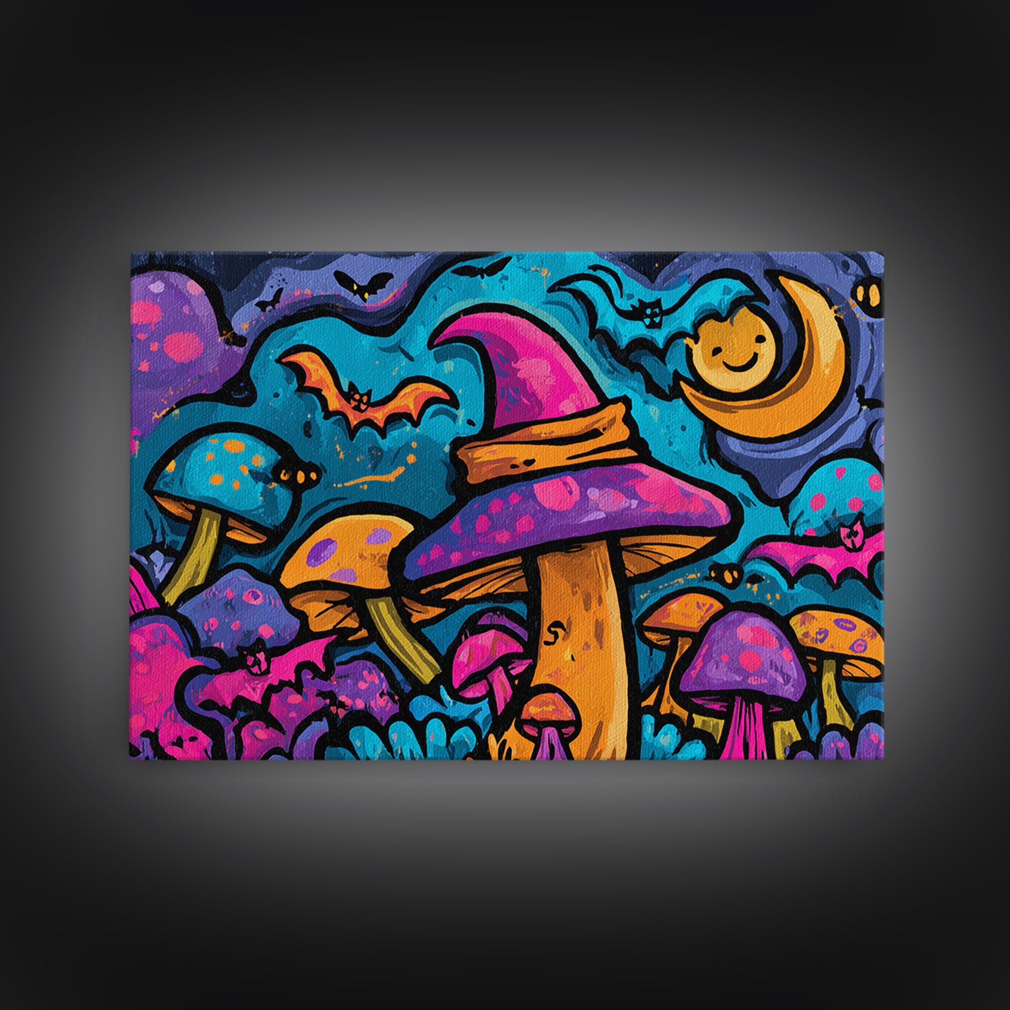The Friendly Mushroom Forest, Vaporwave Halloween Decor, Landscape Wall Art, Framed Canvas Print, Retro Halloween Decor, Neon Wall Art