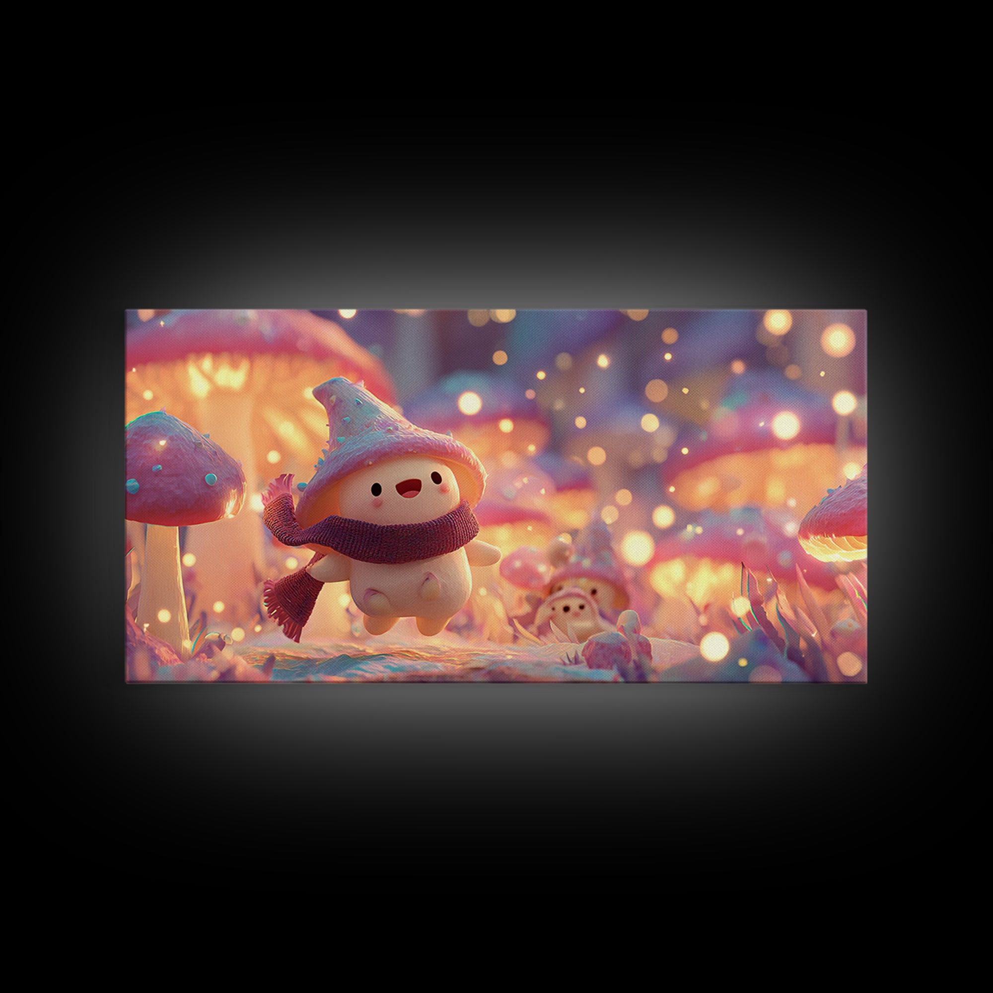 The Friendly Mushroom Forest, Vaporwave Halloween Decor, Wide Panoramic Art, Framed Canvas Print, Retro Halloween Decor, Neon Wall Art