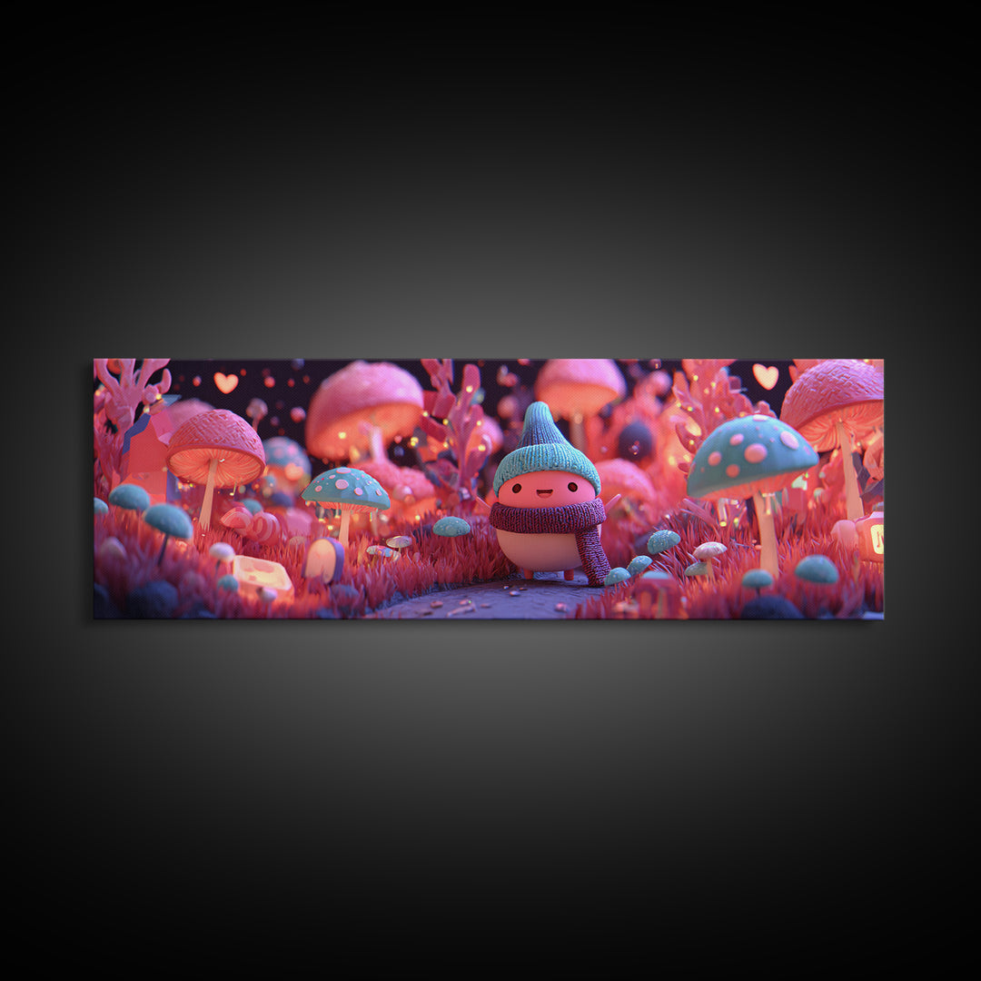 The Friendly Mushroom Forest, Retro Neon Halloween Art, Extra Wide Wall Art, Framed Canvas Print, Retro Halloween Decor, Neon Wall Art