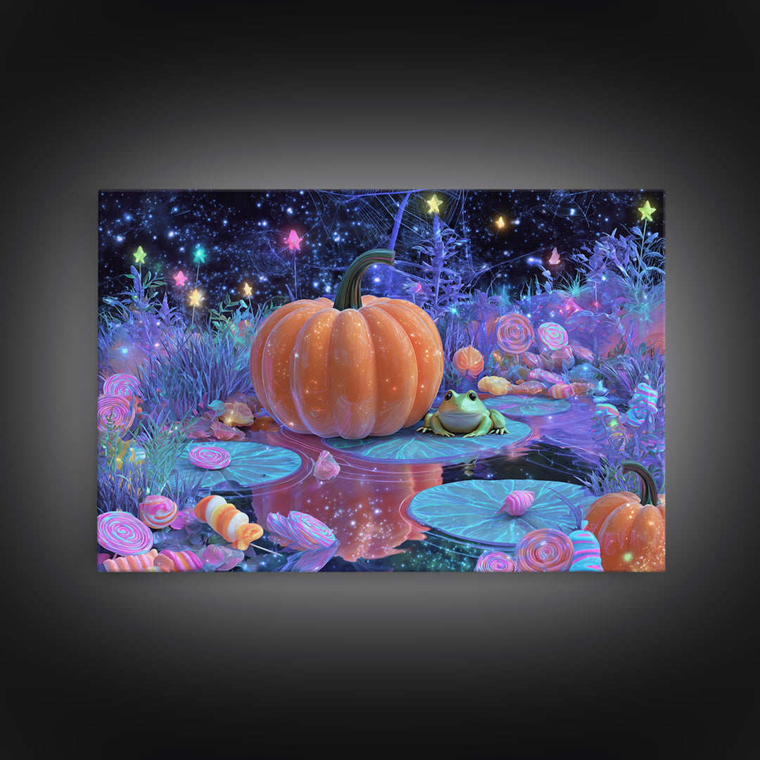 The Star-Filled Pumpkin Pond, Vaporwave Halloween Decor, Landscape Wall Art, Framed Canvas Print, Retro Halloween Decor, Neon Wall Art