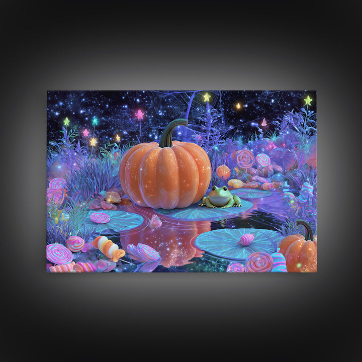 The Star-Filled Pumpkin Pond, Vaporwave Halloween Decor, Landscape Wall Art, Framed Canvas Print, Retro Halloween Decor, Neon Wall Art