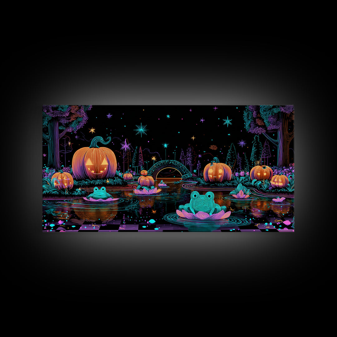 The Star-Filled Pumpkin Pond, Retro Neon Halloween Art, Wide Panoramic Art, Framed Canvas Print, Retro Halloween Decor, Neon Wall Art