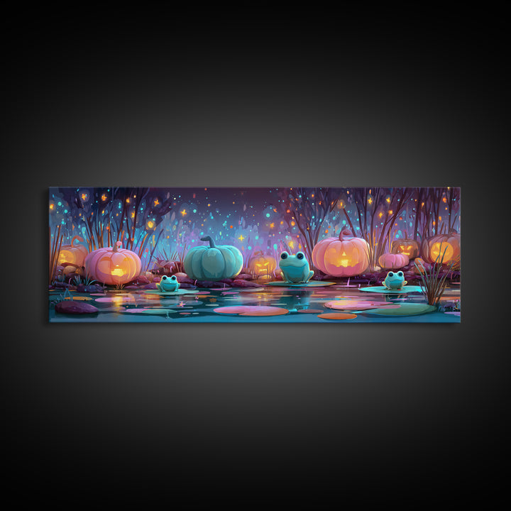The Star-Filled Pumpkin Pond, Retro Neon Halloween Art, Extra Wide Wall Art, Canvas Print, Retro Halloween Decor, Neon Wall Art