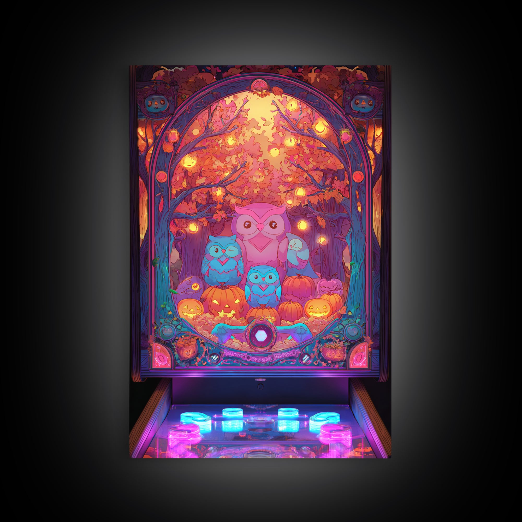 The Sleepy Owl Orchard, Cute Spooky Neon Art, Vertical Wall Art, Framed Canvas Print, Retro Halloween Decor, Neon Wall Art