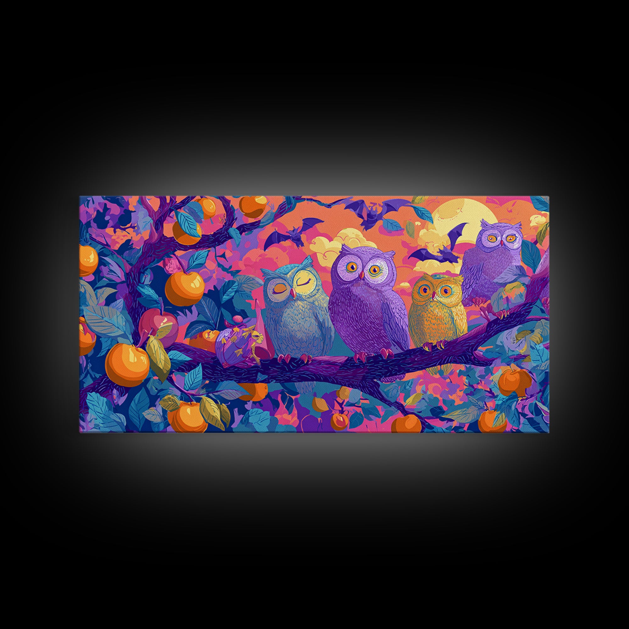 The Sleepy Owl Orchard, Retro Neon Halloween Art, Wide Panoramic Art, Framed Canvas Print, Retro Halloween Decor, Neon Wall Art