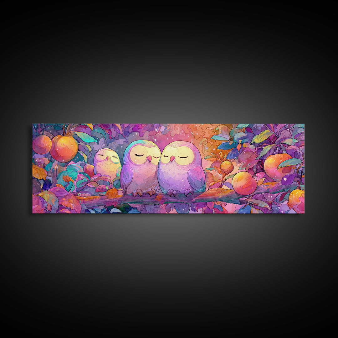 The Sleepy Owl Orchard, Cute Spooky Neon Art, Extra Wide Wall Art, Framed Canvas Print, Retro Halloween Decor, Neon Wall Art