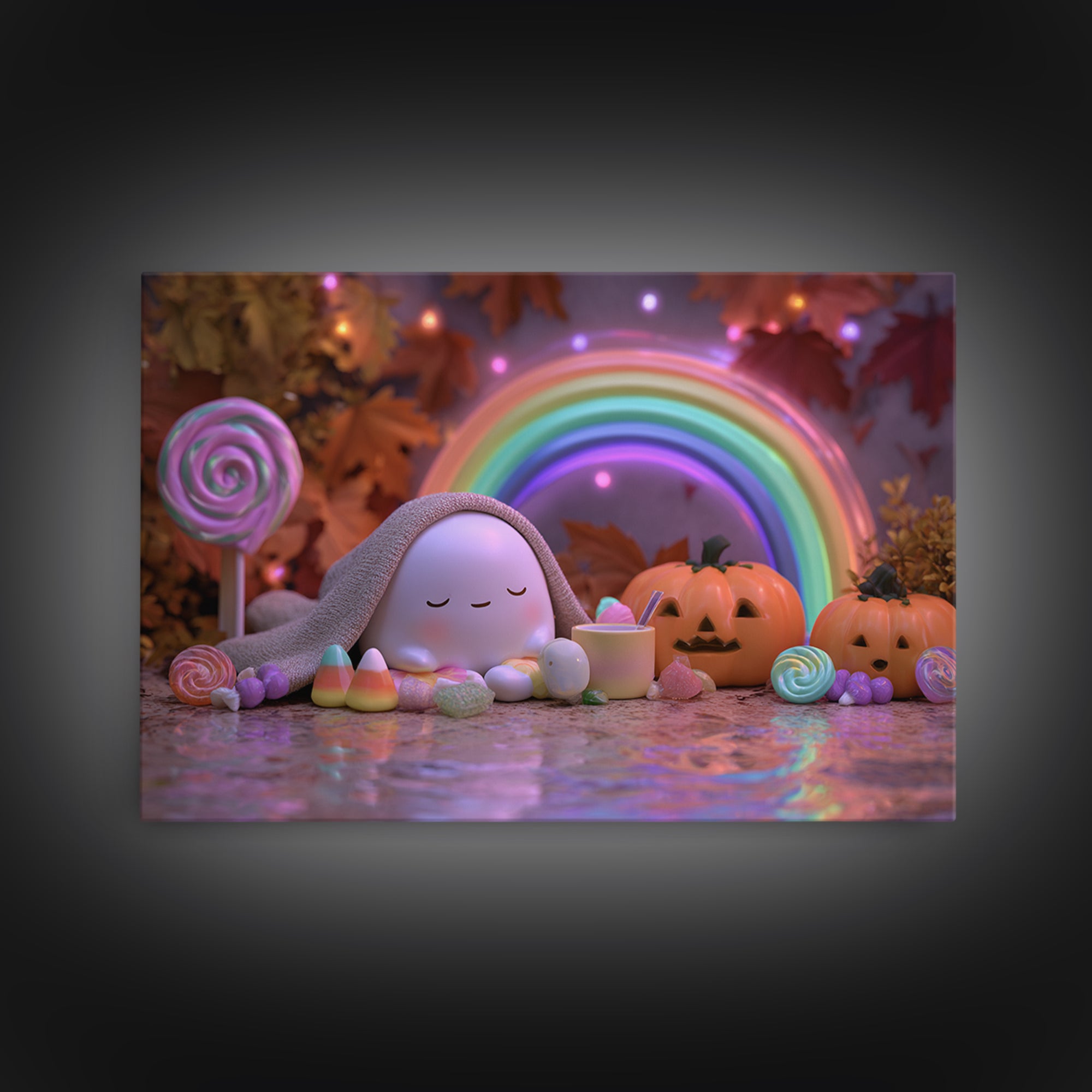 The Rainbow After The Halloween Rain, Synthwave Halloween Art, Landscape Wall Art, Framed Canvas Print, Retro Halloween Decor, Neon Wall Art