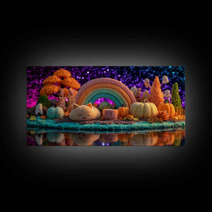 The Rainbow After The Halloween Rain, 80s Halloween Wall Art, Wide Panoramic Art, Framed Canvas Print, Retro Halloween Decor, Neon Wall Art