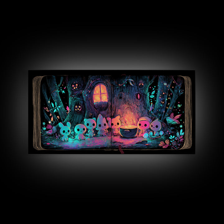The Cozy Hollow Tree, Retro Neon Halloween Art, Wide Panoramic Art, Canvas Print, Retro Halloween Decor, Neon Wall Art, Statement Wall Art