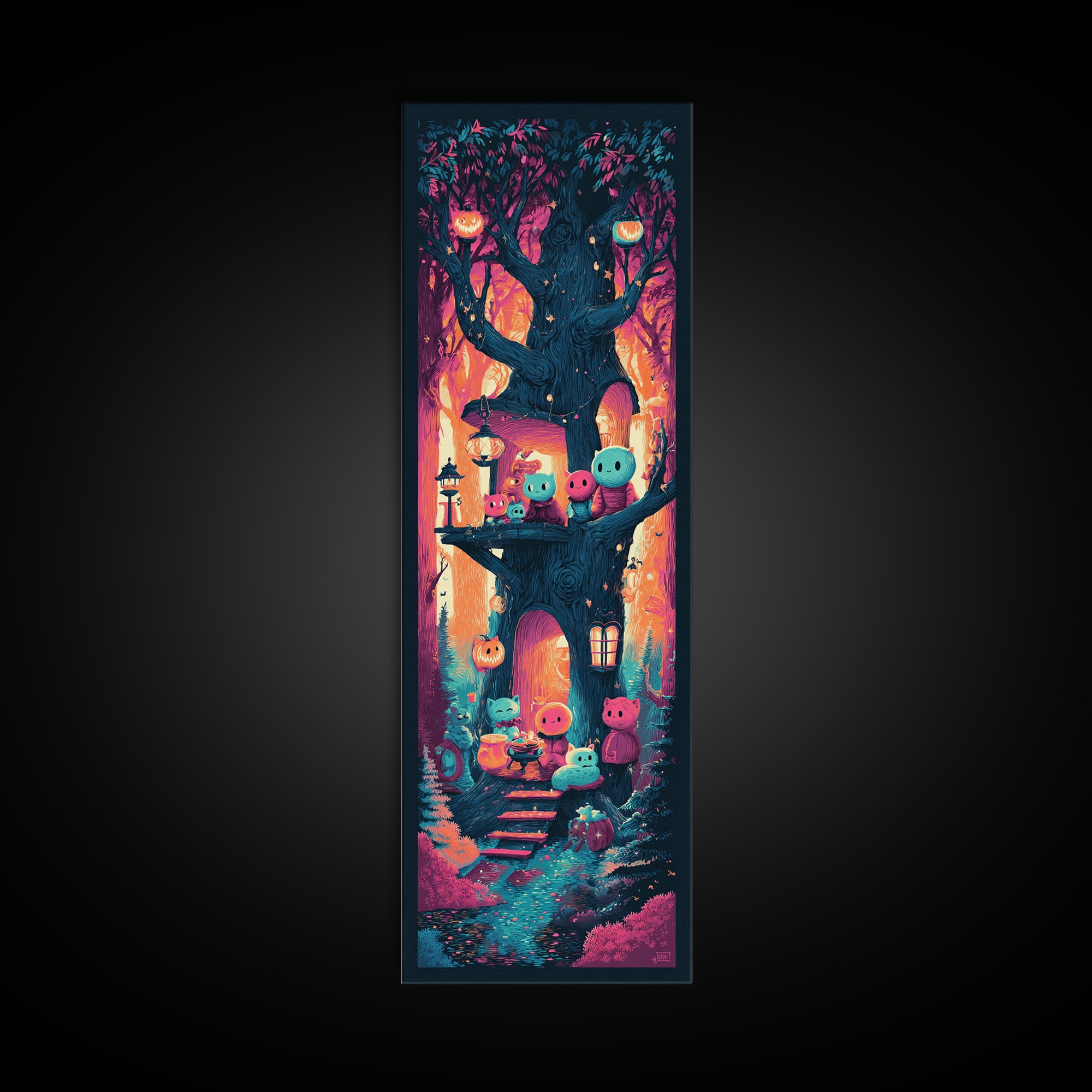 The Cozy Hollow Tree, Retro Neon Halloween Art, Tall Narrow Wall Art, Canvas Print, Retro Halloween Decor, Neon Wall Art, Statement Wall Art