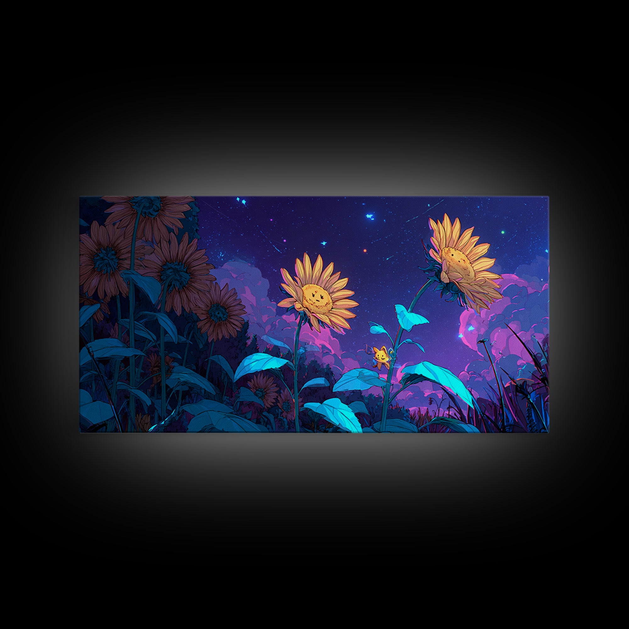 The Singing Sunflowers At Midnight, Synthwave Halloween Art, Wide Panoramic Art, Canvas Print, Retro Halloween Decor, Neon Wall Art