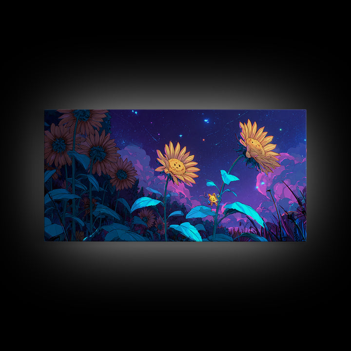 The Singing Sunflowers At Midnight, Synthwave Halloween Art, Wide Panoramic Art, Canvas Print, Retro Halloween Decor, Neon Wall Art