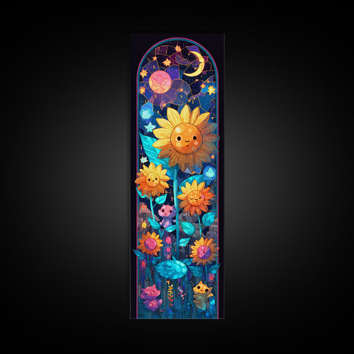 The Singing Sunflowers At Midnight, Retro Neon Halloween Art, Tall Narrow Wall Art, Framed Canvas Print, Retro Halloween Decor