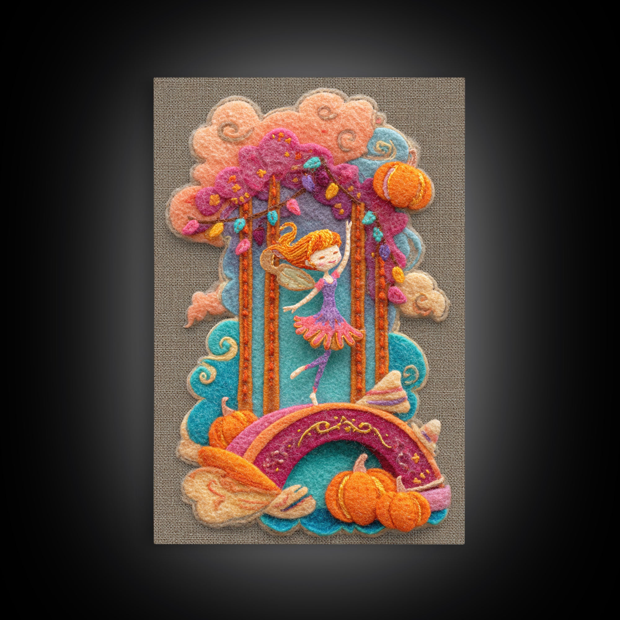 The Autumn Fairy Bridge, Cute Spooky Neon Art, Vertical Wall Art, Canvas Print, Retro Halloween Decor, Neon Wall Art, Collectible Wall Decor