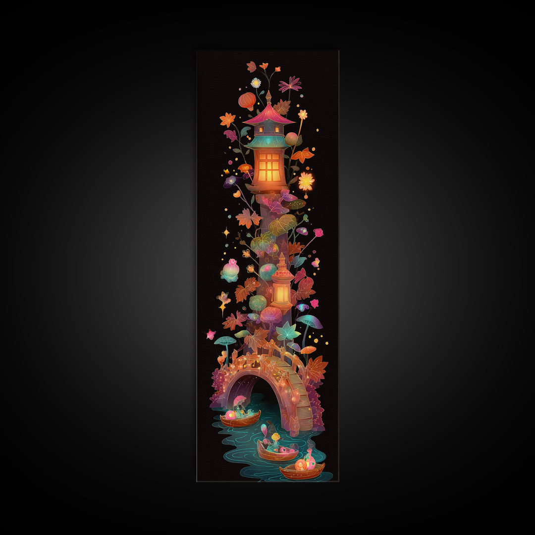 The Autumn Fairy Bridge, Cute Spooky Neon Art, Tall Narrow Wall Art, Canvas Print, Retro Halloween Decor, Neon Wall Art