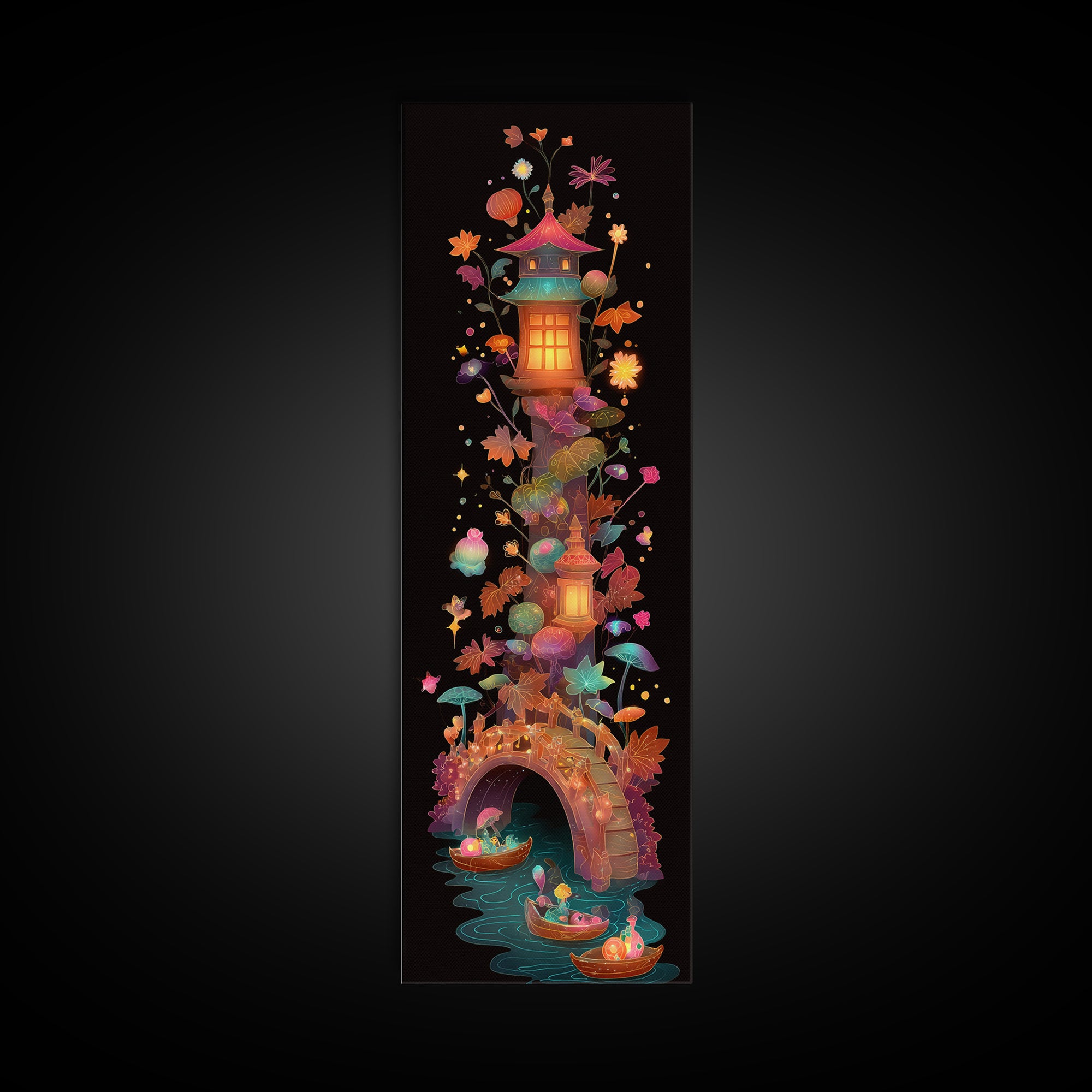 The Autumn Fairy Bridge, Cute Spooky Neon Art, Tall Narrow Wall Art, Canvas Print, Retro Halloween Decor, Neon Wall Art