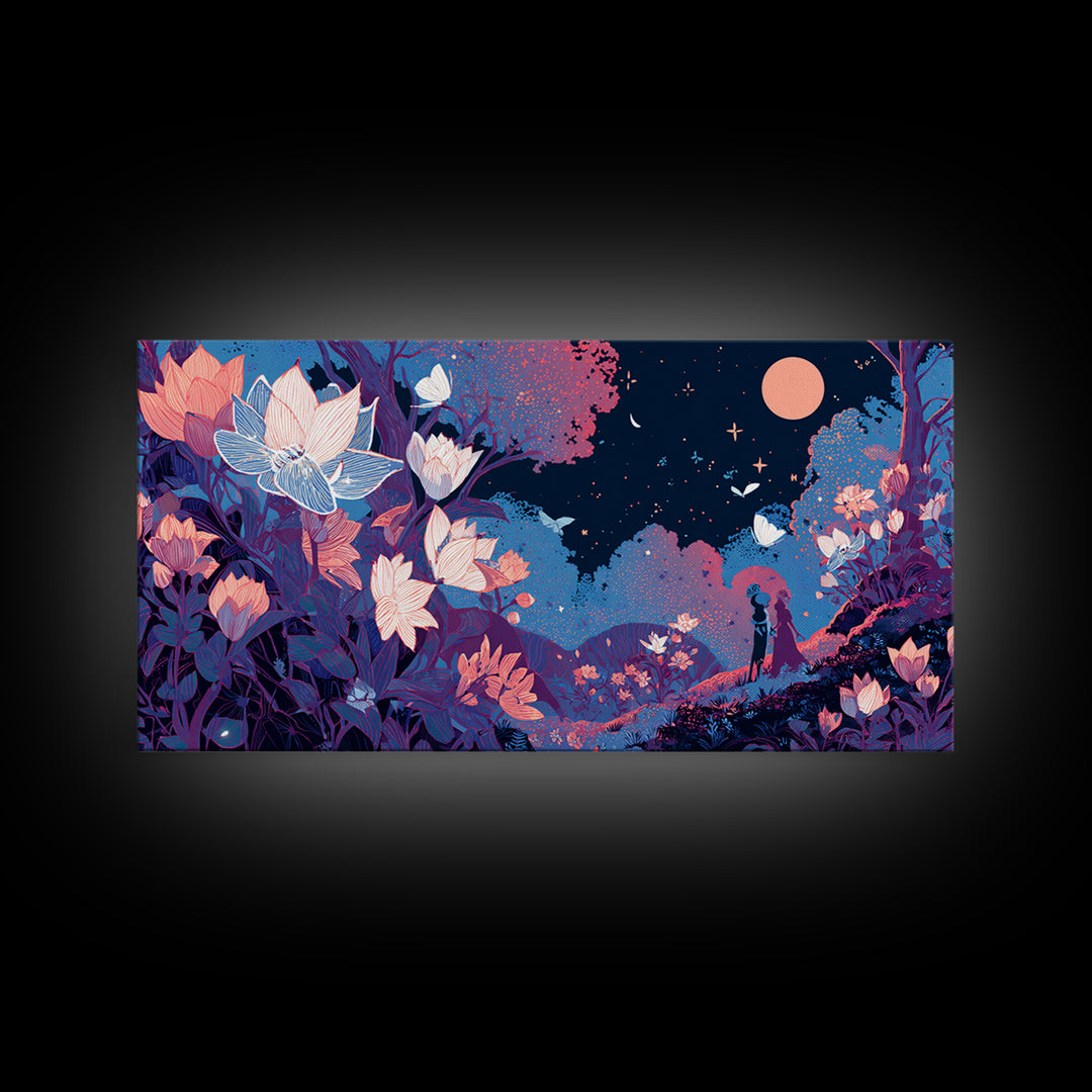 The Moon-Moth Garden, Cute Spooky Neon Art, Wide Panoramic Art, Framed Canvas Print, Retro Halloween Decor, Neon Wall Art, Horror Wall Art