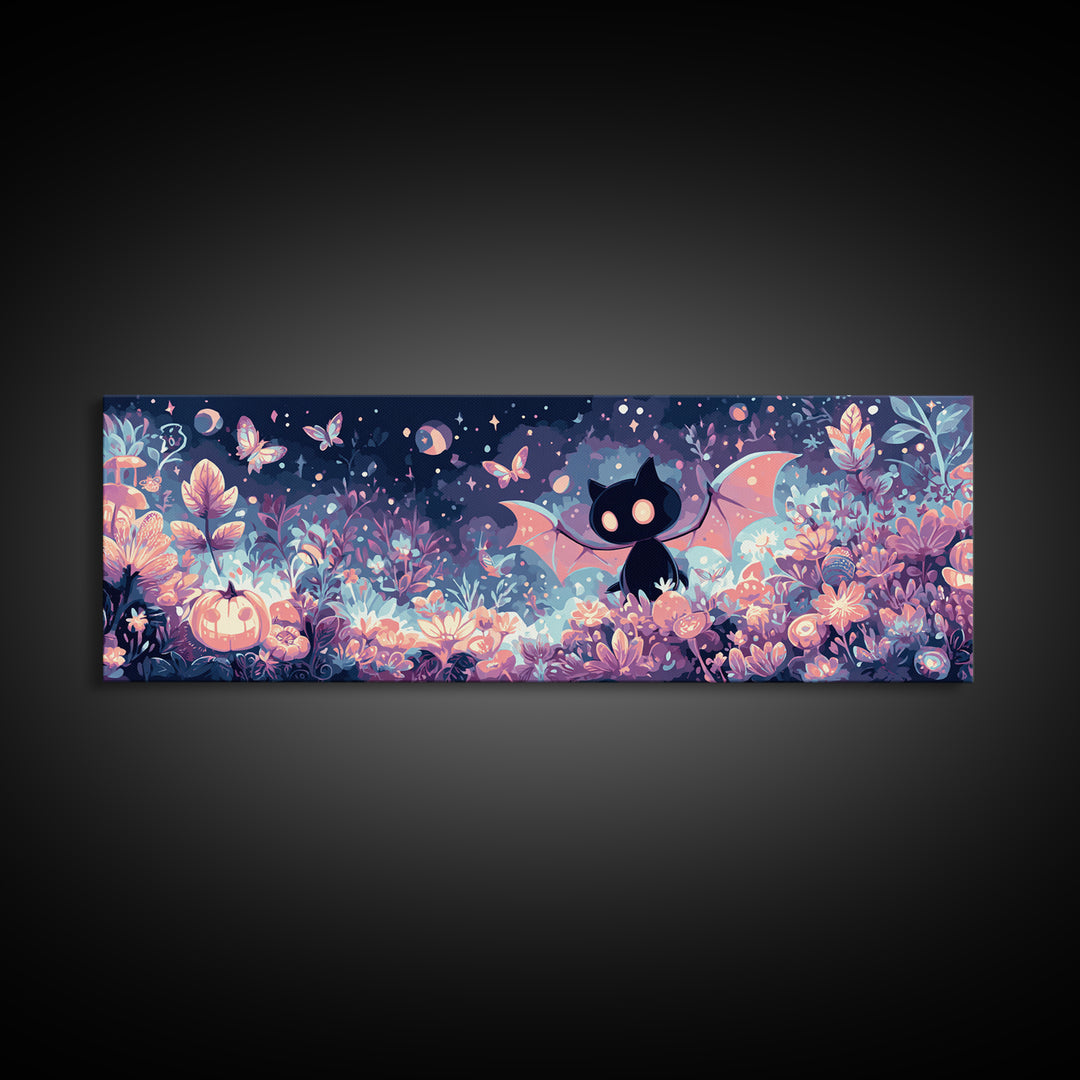 The Moon-Moth Garden, Synthwave Halloween Art, Extra Wide Wall Art, Framed Canvas Print, Retro Halloween Decor, Neon Wall Art