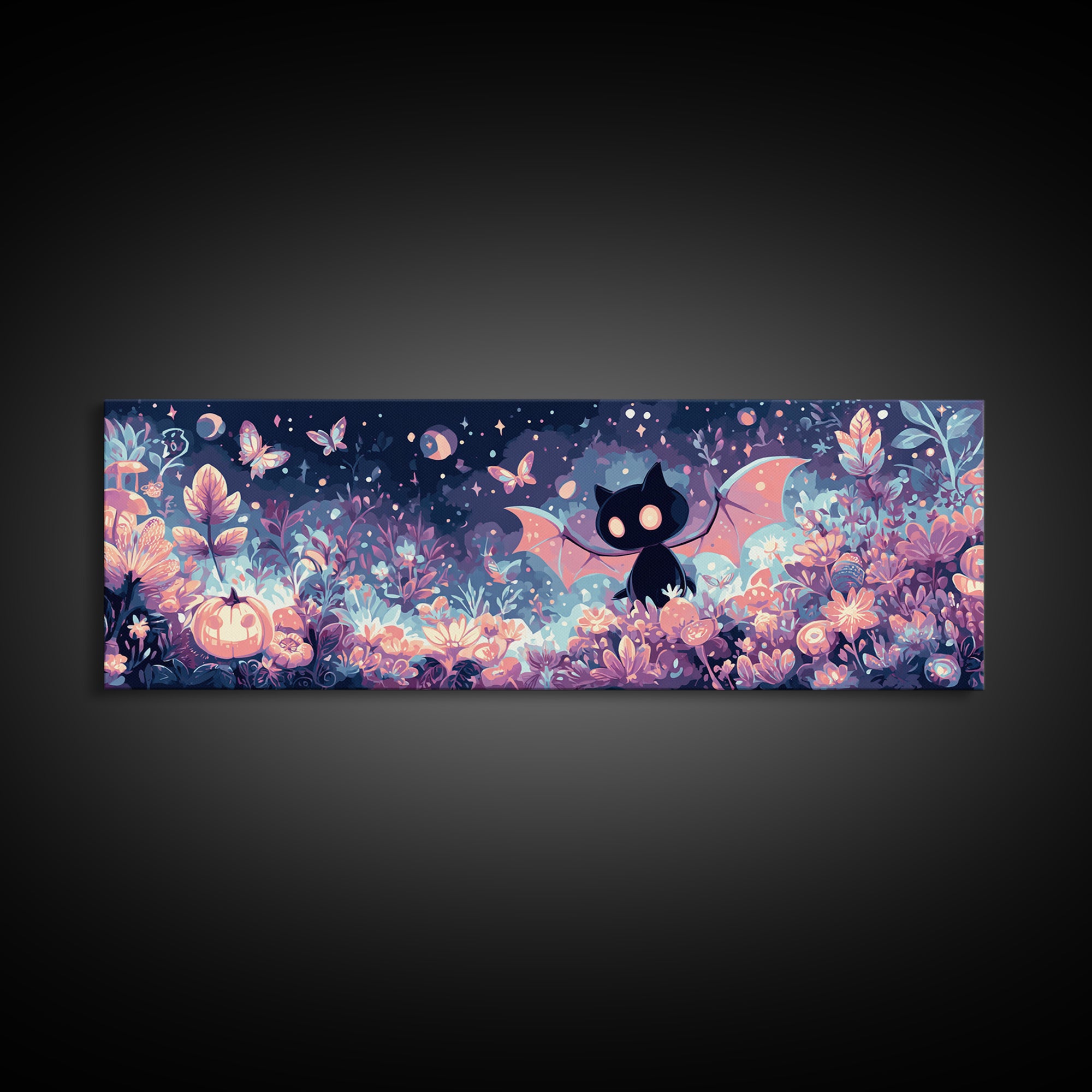 The Moon-Moth Garden, Synthwave Halloween Art, Extra Wide Wall Art, Framed Canvas Print, Retro Halloween Decor, Neon Wall Art