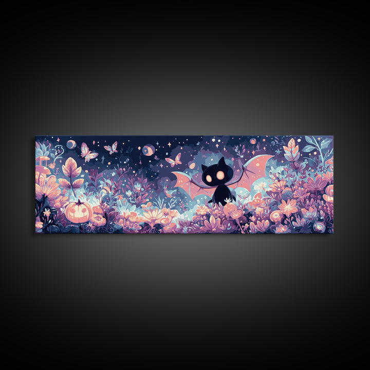 The Moon-Moth Garden, Synthwave Halloween Art, Extra Wide Wall Art, Framed Canvas Print, Retro Halloween Decor, Neon Wall Art