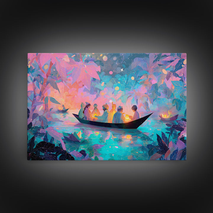 The Golden Leaf River, Cute Spooky Neon Art, Landscape Wall Art, Canvas Print, Retro Halloween Decor, Neon Wall Art, Dark Fantasy Art