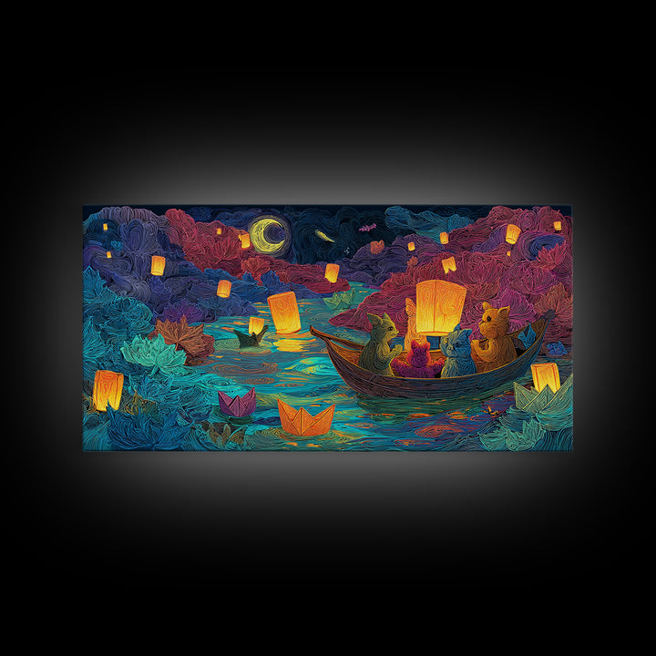 The Golden Leaf River, Cute Spooky Neon Art, Wide Panoramic Art, Framed Canvas Print, Retro Halloween Decor, Neon Wall Art