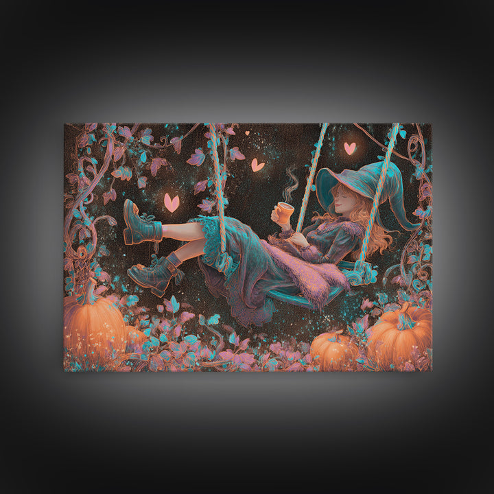 The Pumpkin Vine Swing, Vaporwave Halloween Decor, Landscape Wall Art, Canvas Print, Retro Halloween Decor, Neon Wall Art