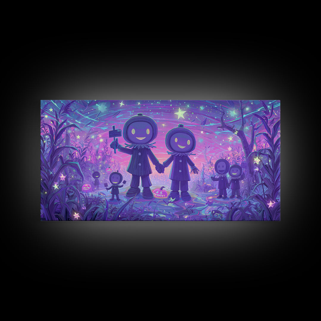 The Starry Cornfield Maze, 80s Halloween Wall Art, Wide Panoramic Art, Framed Canvas Print, Retro Halloween Decor, Neon Wall Art
