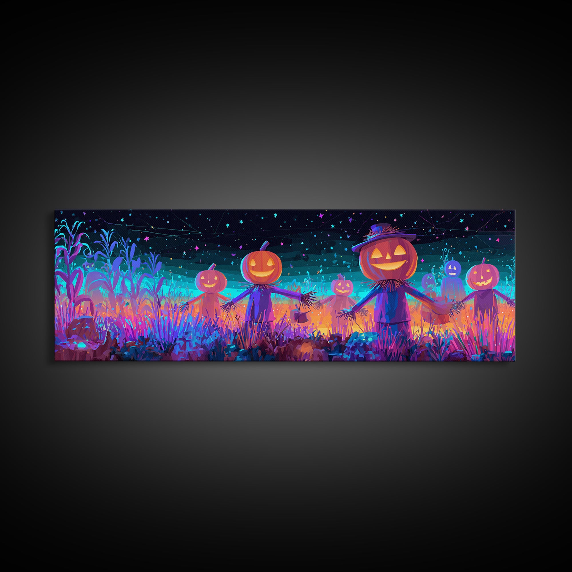 The Starry Cornfield Maze, Retro Neon Halloween Art, Extra Wide Wall Art, Canvas Print, Retro Halloween Decor, Neon Wall Art