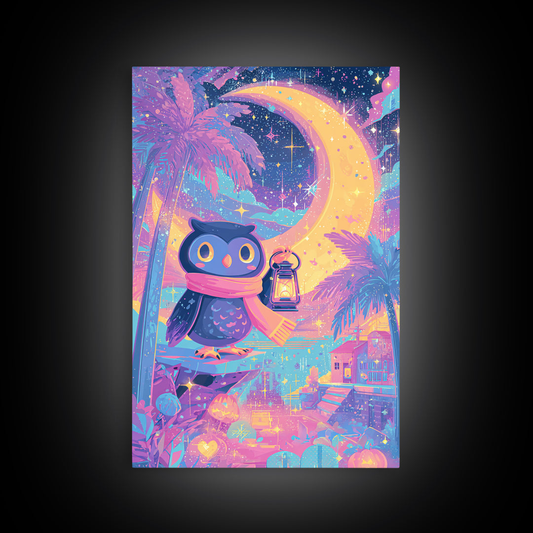 The Owl And The Crescent Moon, Cute Spooky Neon Art, Vertical Wall Art, Canvas Print, Retro Halloween Decor, Neon Wall Art