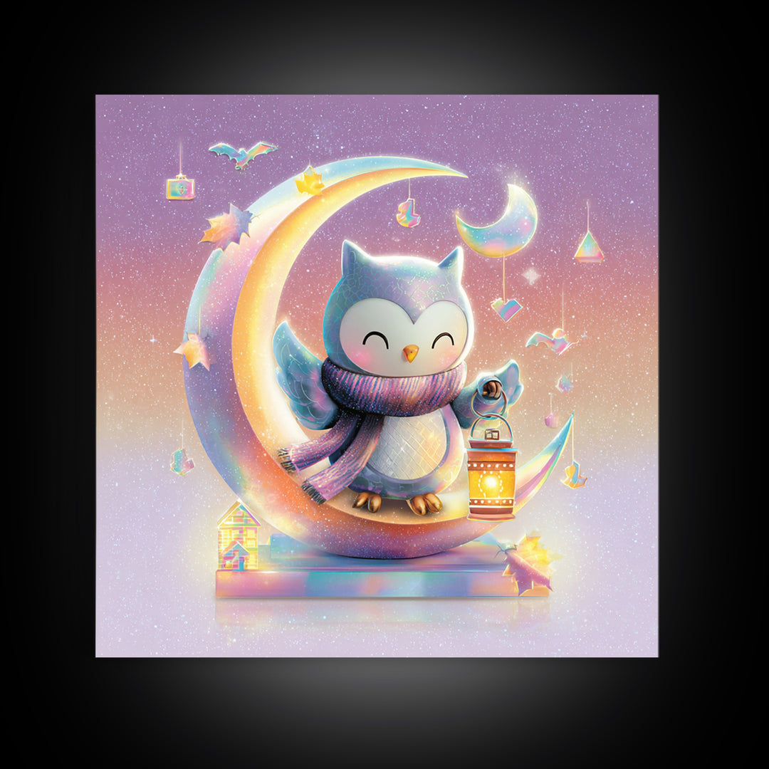 The Owl And The Crescent Moon, Retro Neon Halloween Art, Square Wall Art, Framed Canvas Print, Retro Halloween Decor, Neon Wall Art