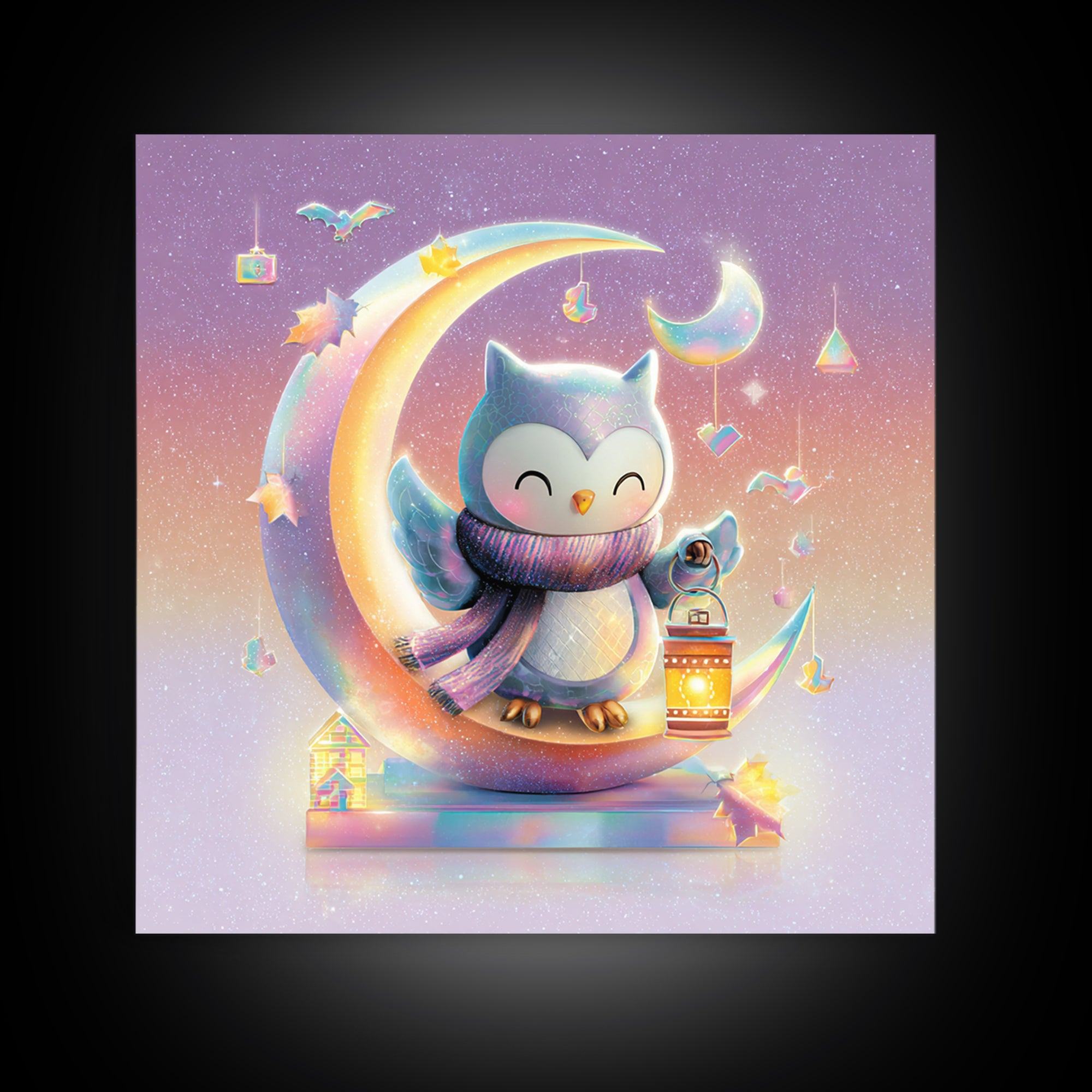 The Owl And The Crescent Moon, Retro Neon Halloween Art, Square Wall Art, Framed Canvas Print, Retro Halloween Decor, Neon Wall Art