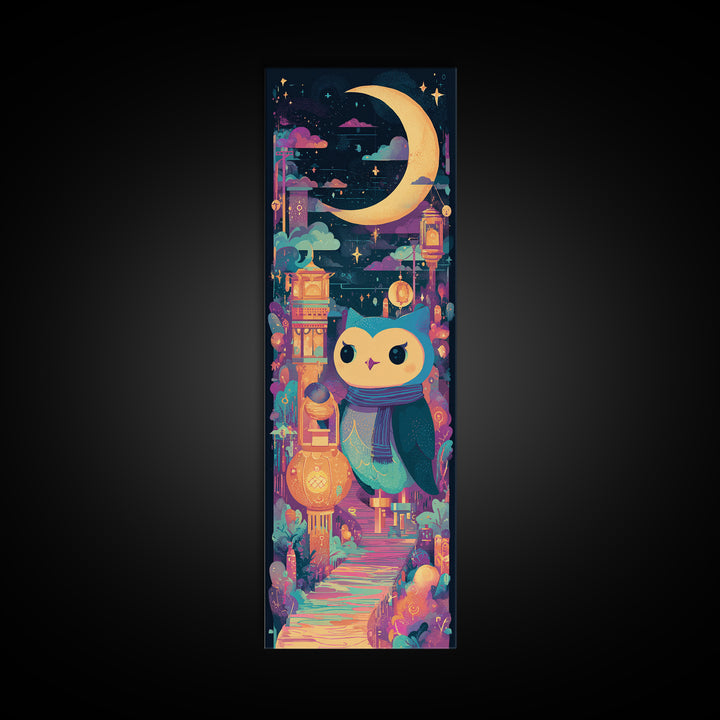 The Owl And The Crescent Moon, 80s Halloween Wall Art, Tall Narrow Wall Art, Canvas Print, Retro Halloween Decor, Neon Wall Art