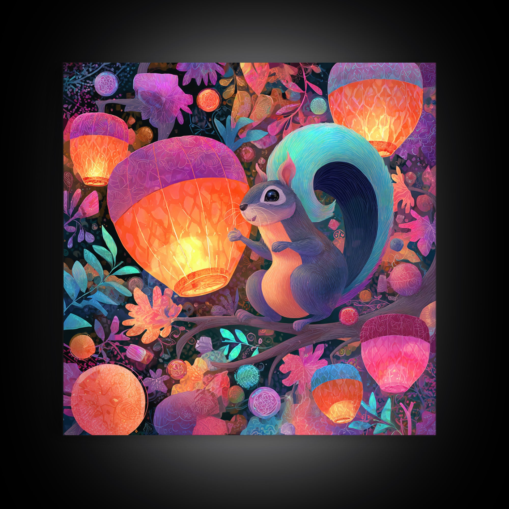 The Acorn Lantern Festival, Cute Spooky Neon Art, Square Wall Art, Framed Canvas Print, Retro Halloween Decor, Neon Wall Art