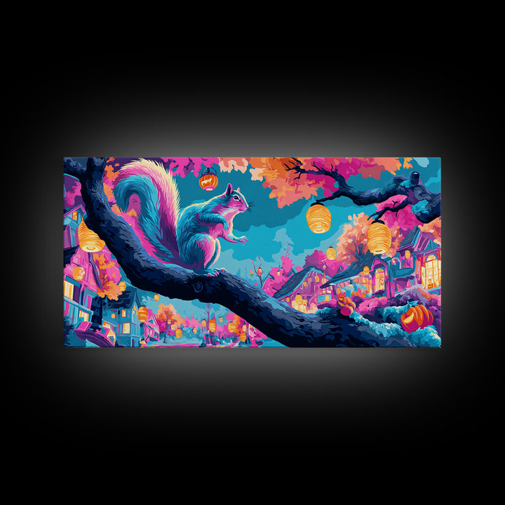The Acorn Lantern Festival, Synthwave Halloween Art, Wide Panoramic Art, Framed Canvas Print, Retro Halloween Decor, Neon Wall Art